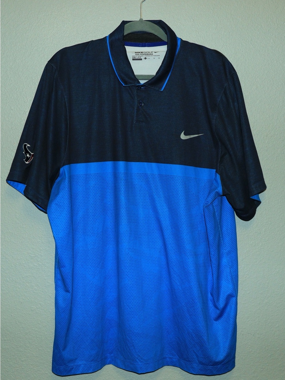 Houston Texans Nike Golf Men’s Navy Blue and Royal Blue Colorblock Polo